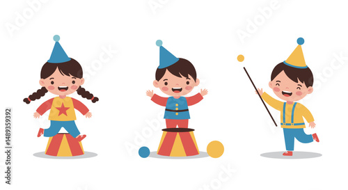Children performing circus acts with colorful costumes and props  