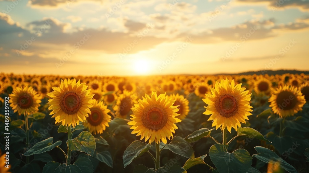 Fototapeta premium Vibrant Sunflower Field at Sunset with Golden Light and Cloudy Sky in Beautiful Landscape