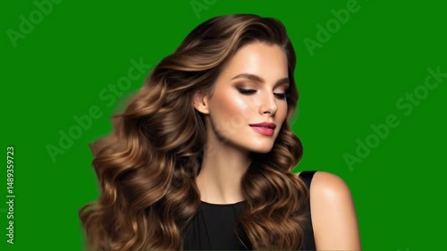 Glamorous Woman with Voluminous Wavy Hair. Striking Green Background Studio Portrait. High-Definition Beauty Photography.