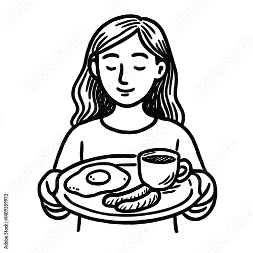 Young woman holding plate of breakfast with coffee and eggs - Concept of travel  