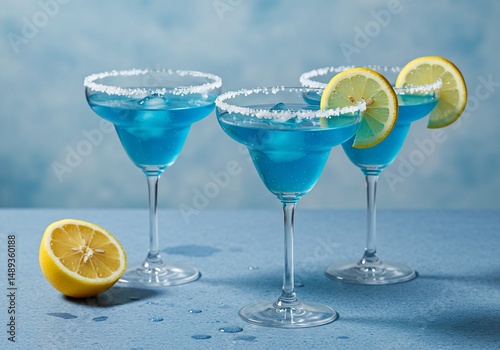 Three blue cocktails garnished with lemon, ice, and salt. Still life background
