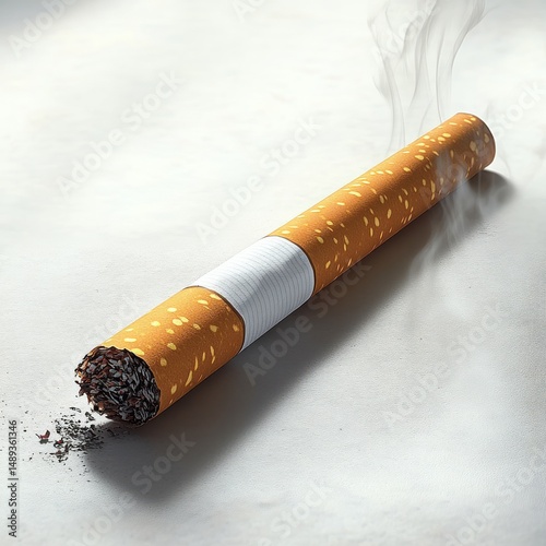 Close-up of a lit cigarette burning with smoke rising on a plain light surface, displaying tobacco and white filter with a yellow dotted pattern