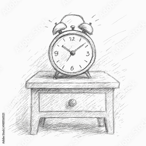 Vintage alarm clock resting on a wooden nightstand with drawer  