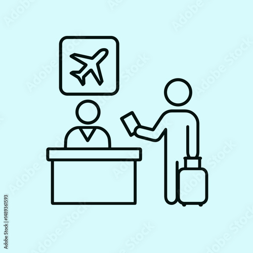 Man checking in at airport counter with suitcase in hand  