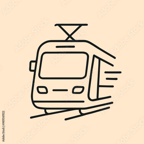 Minimalist line drawing of a tram in motion on a beige background  