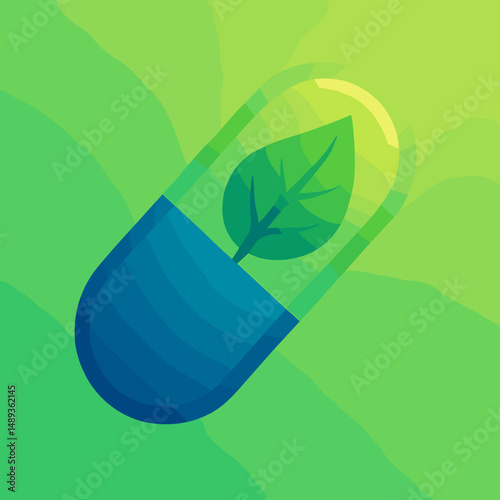 Green capsule with a leaf inside on vibrant green background  