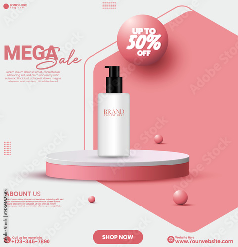 Social media cosmetics product sale podium background design. Empty 3D cylinder promotional product sale abstract podium design vector. Social media beauty product advertisement poster design. 