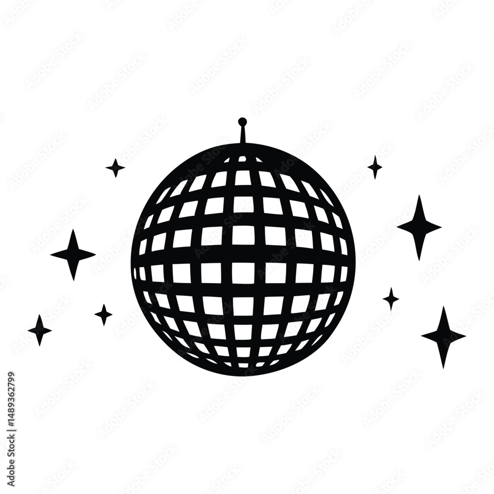 disco ball with stars silhouette vector illustration, disco ball icon disco ball with stars silhouette vector illustration, disco ball icon