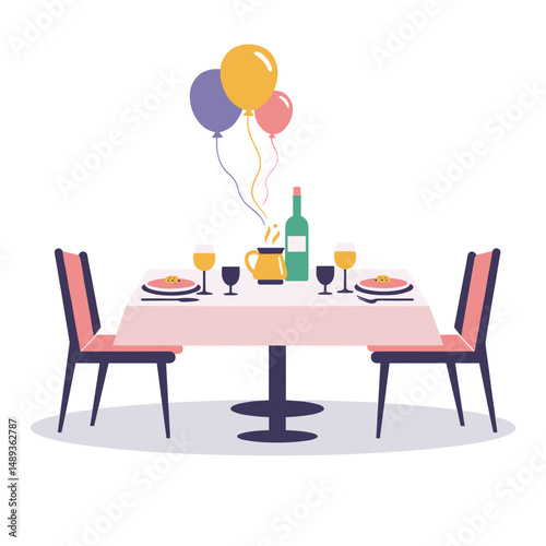 Celebration dinner table with balloons and wine for a special occasion  