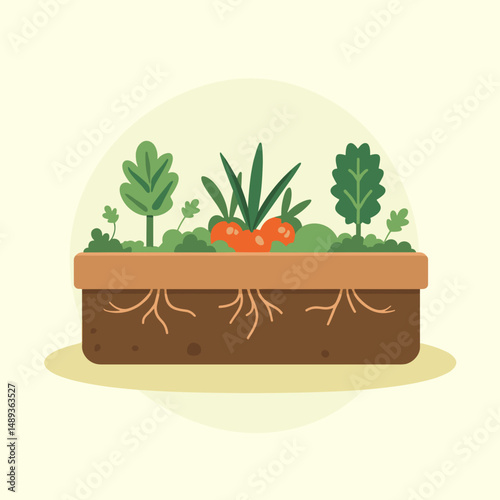 Garden planter with fresh vegetables and herbs in flat design  