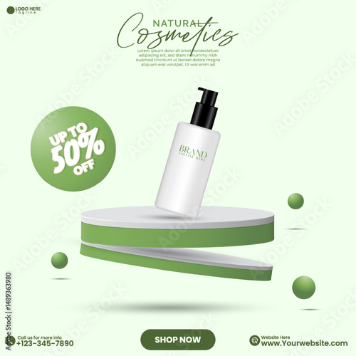 Social media cosmetics product sale podium background design. Studio background. Natural beauty product sale advertisement poster design with an Empty 3D cylinder podium and a tree branch. 