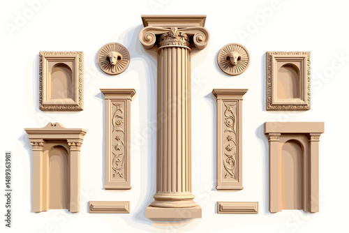 Classical architectural elements in beige color arranged on white background  
