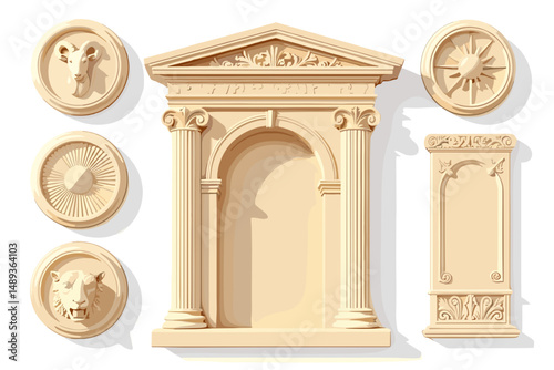 Classical architectural elements in beige color on white background  
