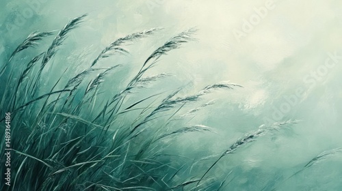 Serene grass field painting teal green nature scene artistic botanical background