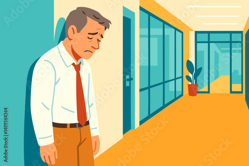 Middle-aged man looking pensive in office corridor during the day  