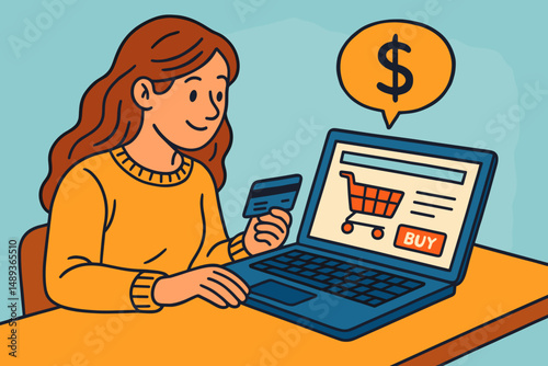 Young woman shopping online with credit card at laptop on table  