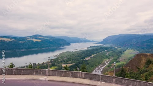 The Footage displays the Columbia River Gorge, a dramatic canyon that carves through the Cascade Mountains, forming a natural border between Oregon and Washington.