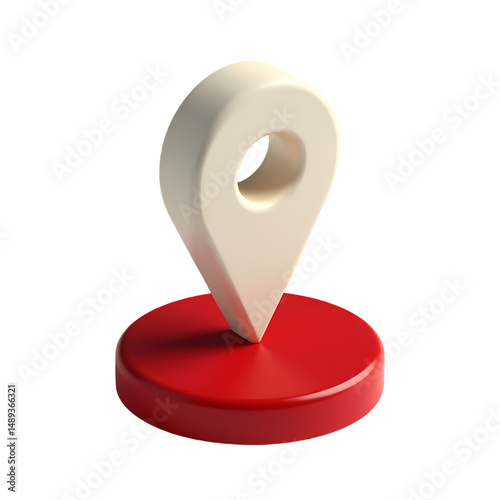 A location pin icon with a white pointer on a red base   in a digital render isolated on transparent background