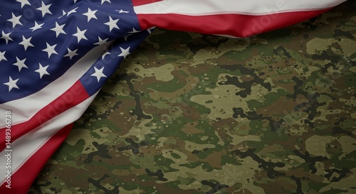 Flag Laying on Camouflage Fabric Background