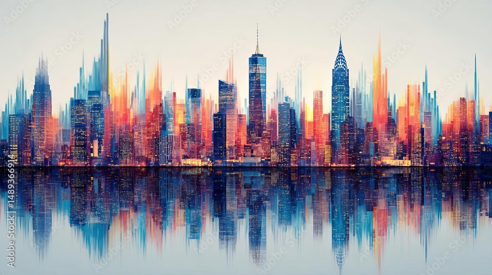 Obraz premium Vibrant city skyline reflecting on water Abstract Futuristic Business Background