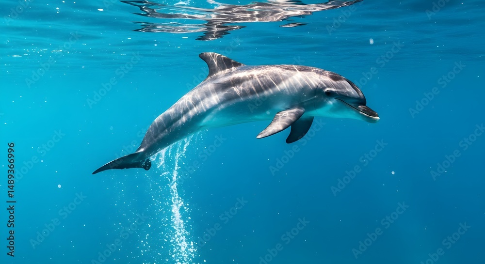 Fototapeta premium Dolphin Leaping Through Ethereal Waters Underwater Serenity Moment