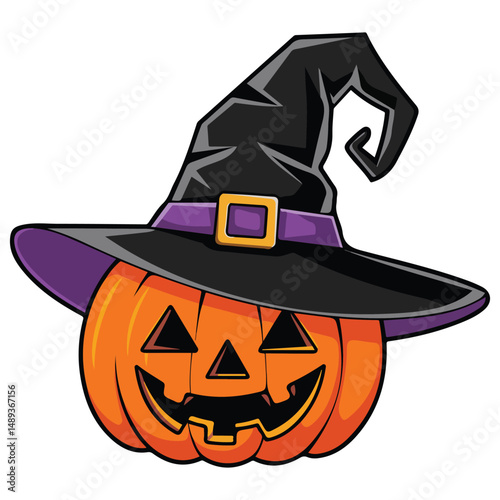 Halloween pumpkin with witch hat and carved face
