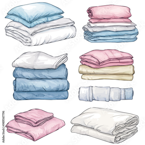 Set Of Clean And Neatly Arranged Bed Linens, watercolor drawing vector, high quality, isolated on a white background.