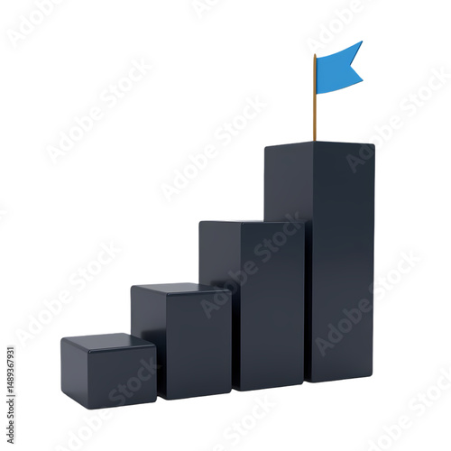 A gray bar chart with increasing height and a blue flag on the tallest bar  isolated on transparent background
