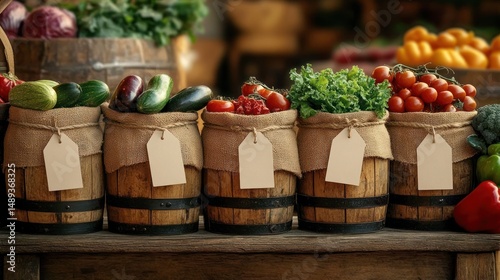 Wallpaper Mural Fresh vegetables including zucchini, eggplants, tomatoes, lettuce, and cherry tomatoes arranged in rustic wooden barrels with burlap coverings and blank tags on a wooden table in a market setting Torontodigital.ca