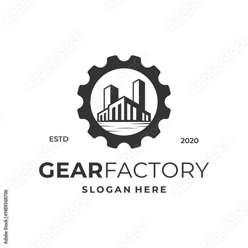 Gear and factory building logo, perfect for manufacturing industry logo design