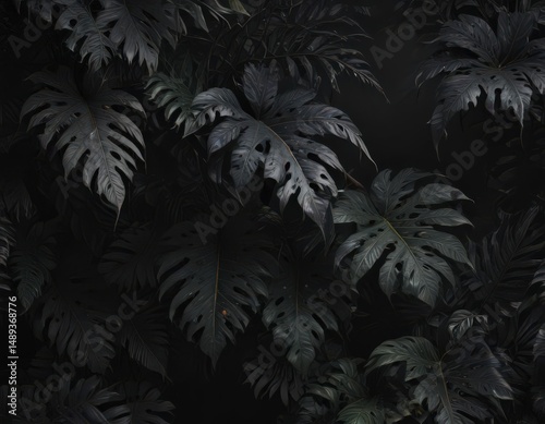 Intricate dark tropical leaves, vines, and shadows create a lush, mysterious black backdrop ,  background,  still life,  dark green