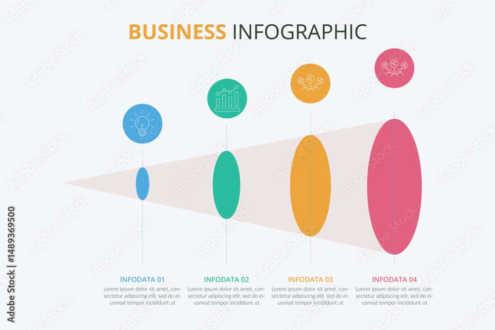 Obraz premium 4 step process chart infographics with option circles. Funnel business workflow hierarchy elements. Company presentation slide template. Modern vector info graphic layout design.