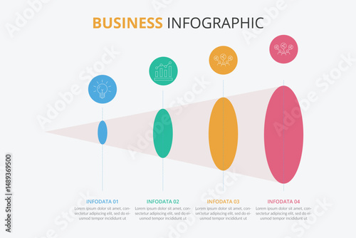 4 step process chart infographics with option circles. Funnel business workflow hierarchy elements. Company presentation slide template. Modern vector info graphic layout design.