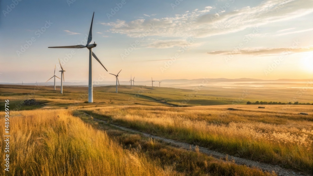 Obraz premium Wind Turbines on Golden Fields During Sunrise