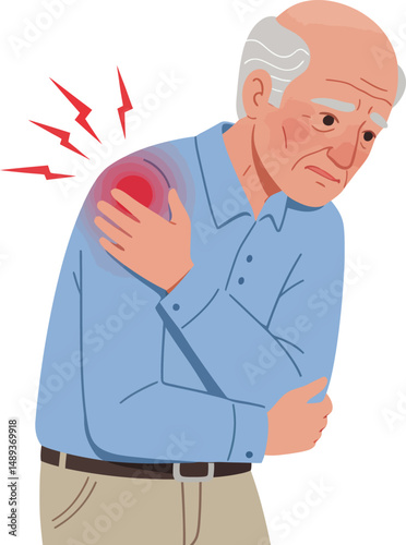Elderly Man with Shoulder Pain – Senior Health and Joint Discomfort Flat Vector Illustration for Medical Use