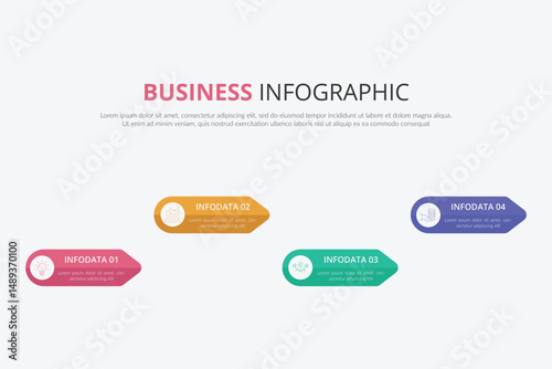 Flat line vector illustration. Infographic template with four elements, hexagons, rectangle. Timeline step by step. Designed for business, presentations, web design, diagrams, training with 4 steps