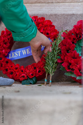 woman laying rosemary next to an Anzac wreath