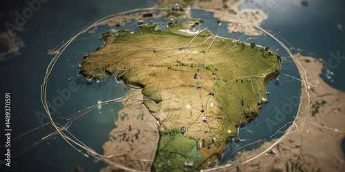 Stylized Brazil map, circular network shows interconnectedness ,  digital,  illustration