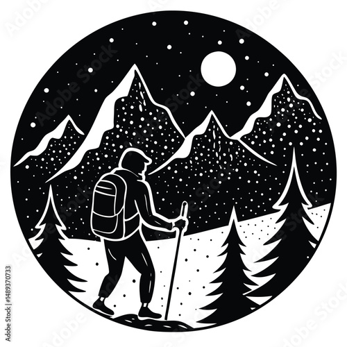 Lone Hiker Silhouetted Against a Vibrant Starry Night Sky