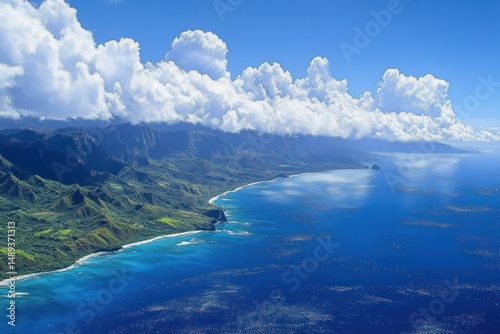 Wallpaper Mural Coastline with lush green mountains under a bright blue sky filled with fluffy white clouds reflecting on the deep blue ocean waters Torontodigital.ca