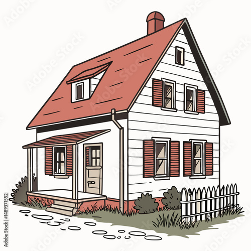 Charming suburban house illustration red roof white walls