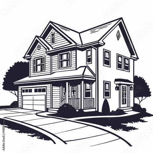 Two story suburban house black and white illustration