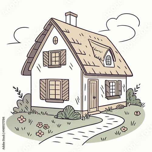 Charming thatched roof cottage house illustration