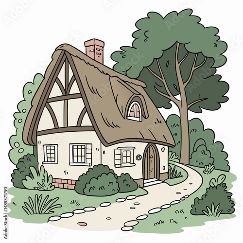 Charming thatched roof cottage garden path stone walkway