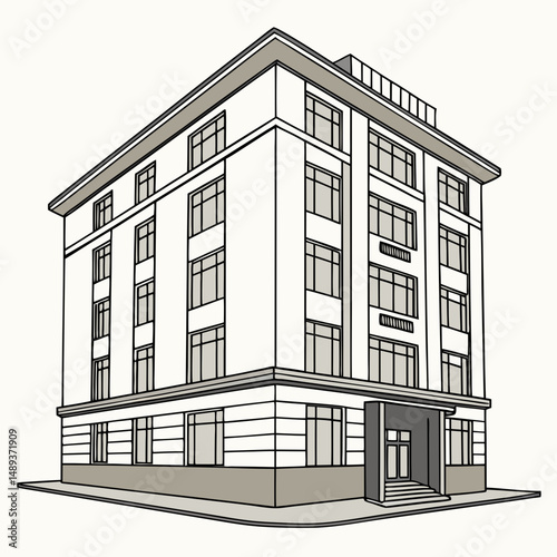 Modern multistory building architectural sketch design illustration