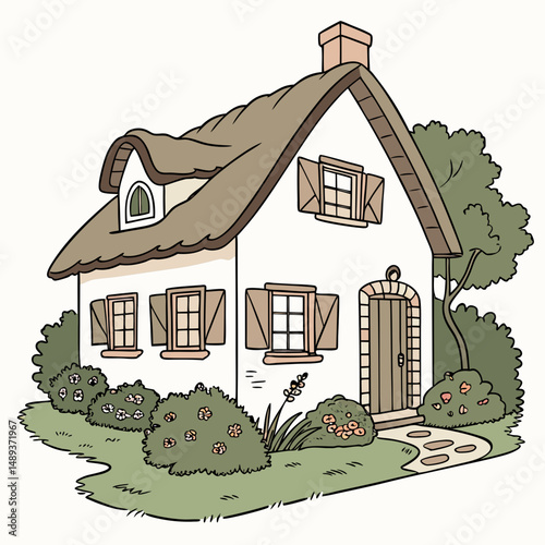 Charming thatched roof cottage garden flowers house home