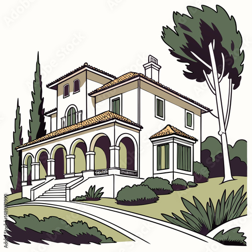 Mediterranean style villa home architectural illustration