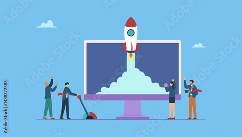 Vector illustration of business people in suit launch a rocket against background of monitor. Launch startup business, online business, website analytics, building internet e-commerce.