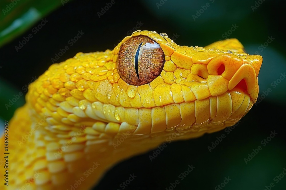 Obraz premium Close-up of a vibrant yellow snake with textured scales and a sharp vertical slit eye covered in water droplets, set against a dark blurred background