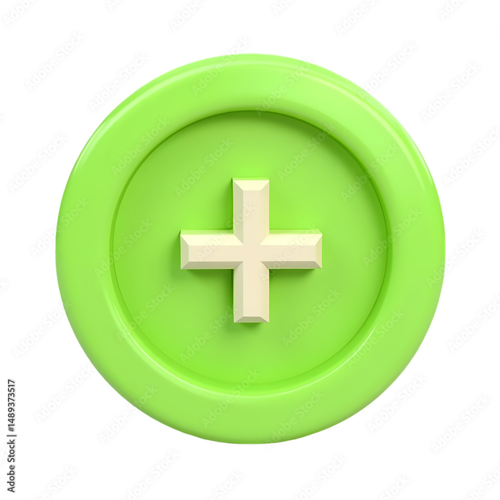 Fototapeta premium A lime green circle with a raised plus sign in the center isolated background render isolated on transparent background